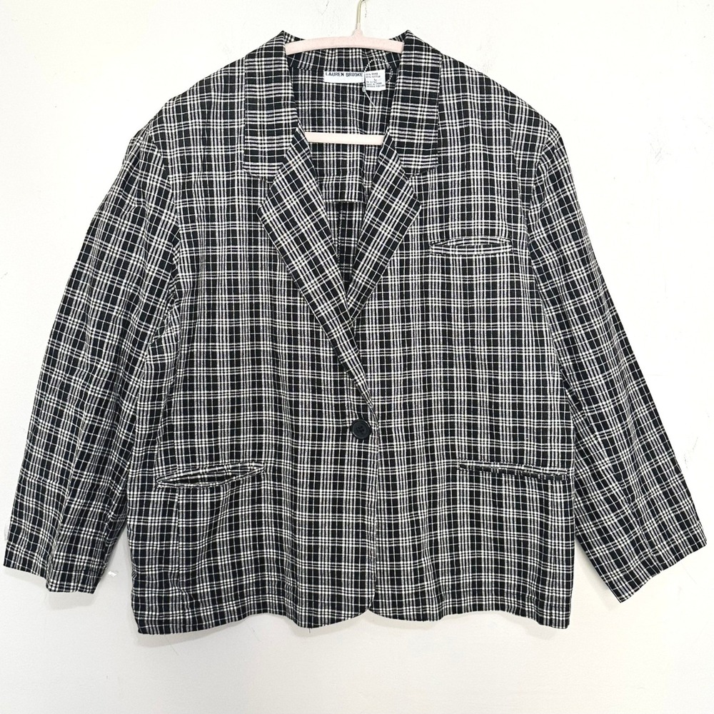 Vintage Black & White Plaid Grid Pattern Blazer Womens Large Minimalist